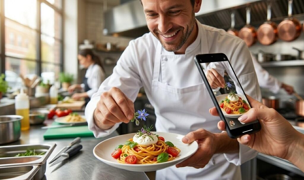 A close-up action shot focused on a chef's hands with a warm smile, wearing a clean white apron. In a continuation of the kitchen scene suggested in the background of image_0.png, the chef carefully places a final delicate garnish onto a vibrant gourmet pasta dish. A hand holds up a sleek smartphone—similar in style to the phone in image_0.png—in a vertical orientation, actively recording a Reel of the plating process. The natural, bright light from image_0.png illuminates the precise action. The background kitchen is softly blurred (bokeh effect), showing a bustling line and copper pots, maintaining the warm and productive atmosphere.