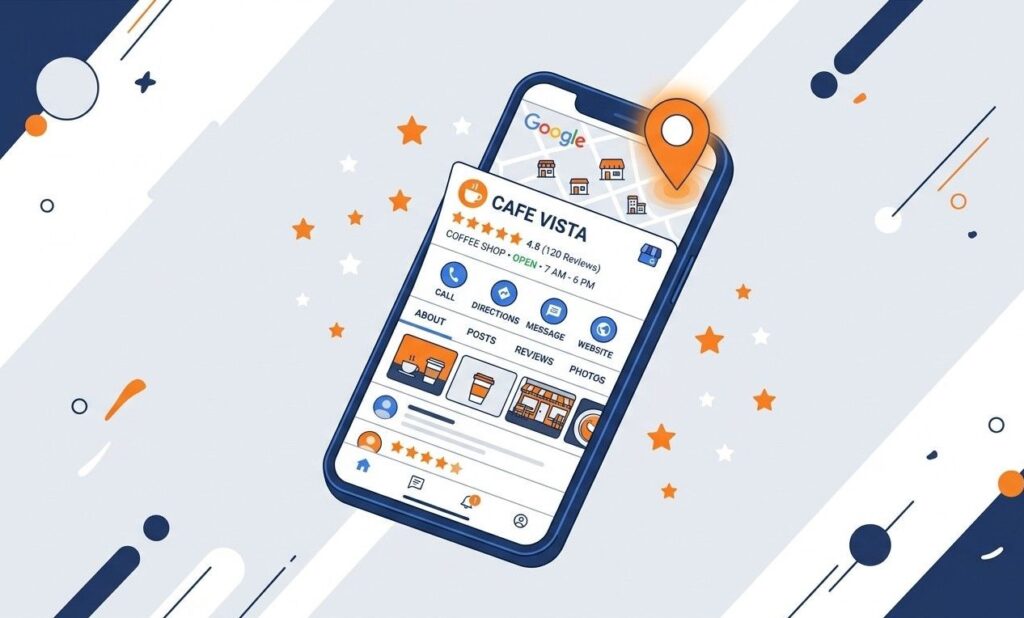 Smartphone displaying a Google Business Profile card with review stars and a location pin, illustrating how local SEO works for small businesses.