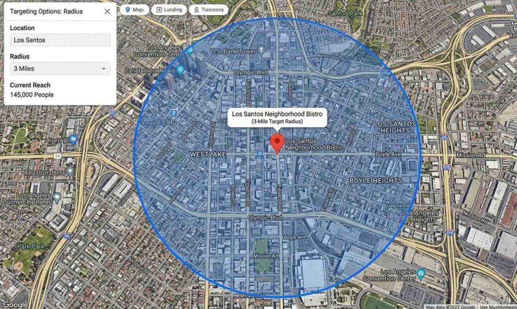 Google Maps view showing a 3-mile radius location targeting circle around a restaurant pin in a city neighborhood