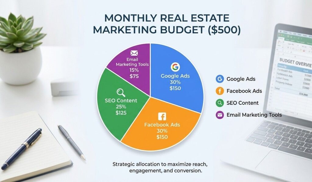 Pie chart showing how a $500 real estate marketing budget splits across Google Ads, Facebook, SEO content and email tools