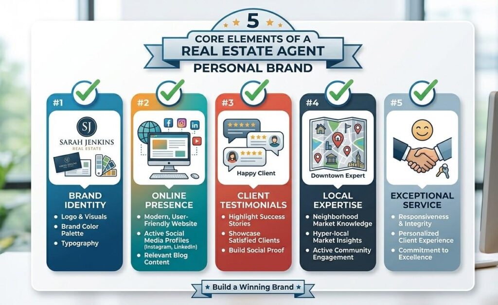 Five core elements of a real estate agent personal brand shown in a simple checklist diagram