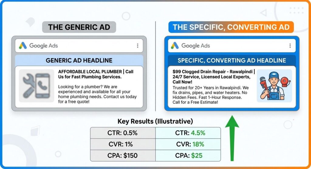 Side-by-side comparison of a generic Google Ads headline and a specific, converting version for a local plumber
