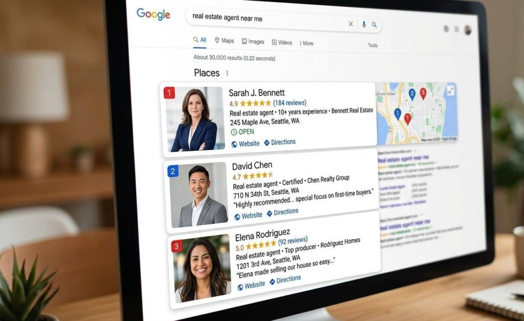 Google search results showing the local pack with three real estate agent profiles, photos and star ratings