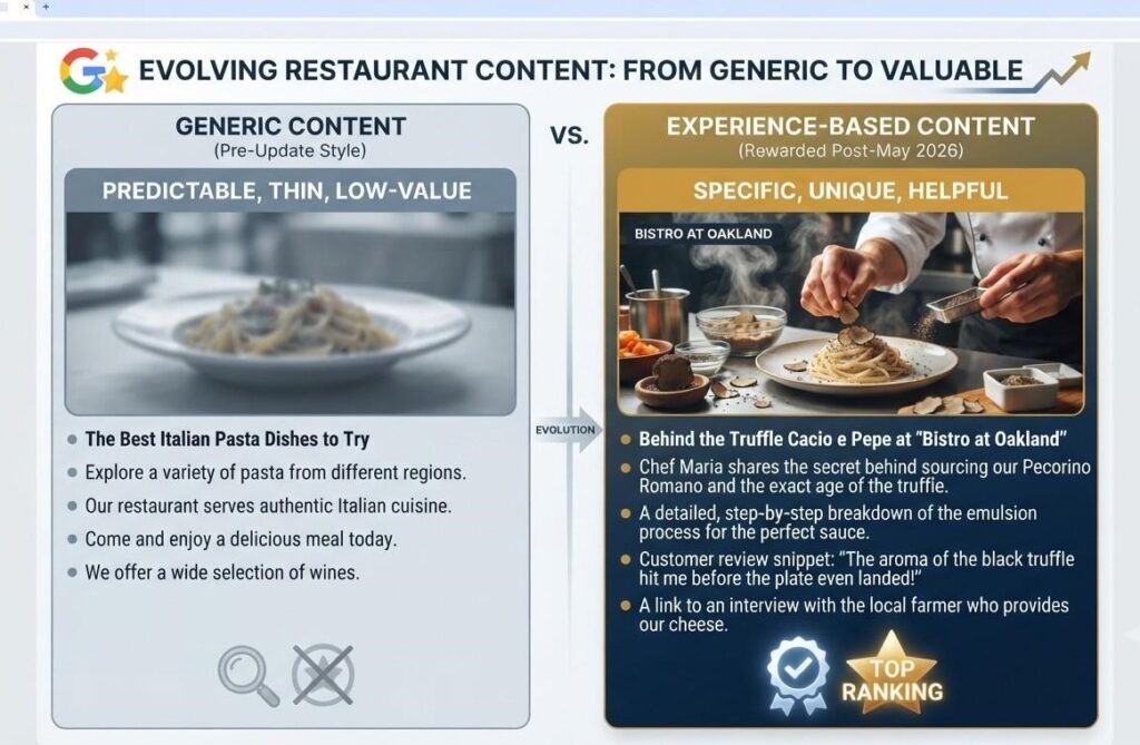 Side-by-side comparison of generic restaurant blog content versus specific, experience-based content rewarded by the Google May 2026 update.