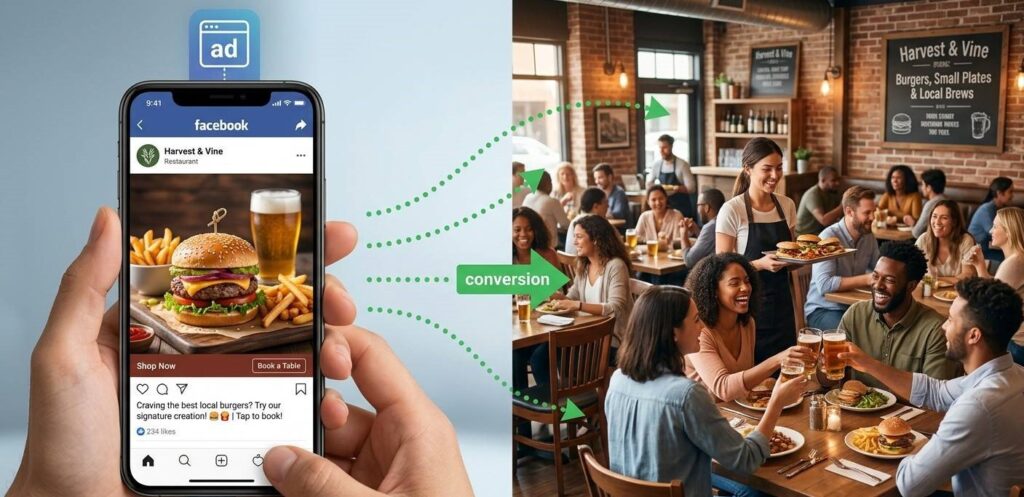 Split composition: left half shows a Facebook ad for a fictional restaurant on a smartphone screen, right half shows the same restaurant's busy dining room packed with happy customers. Clean visual metaphor for ad-to-table conversion.