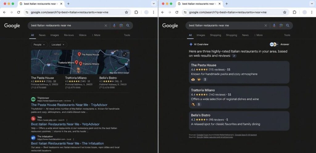 Split screen: left side shows a traditional Google SERP with a list of restaurant links and a map pack. Right side shows a Google AI Overview answer box summarising the top three restaurants with short descriptions and star ratings. Clean browser mockup style, no real business names.