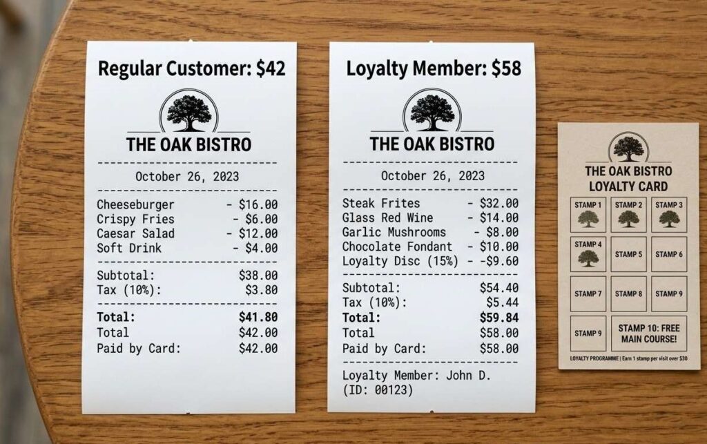 Two side-by-side customer receipts showing a loyalty member spending more than a non-member at the same restaurant