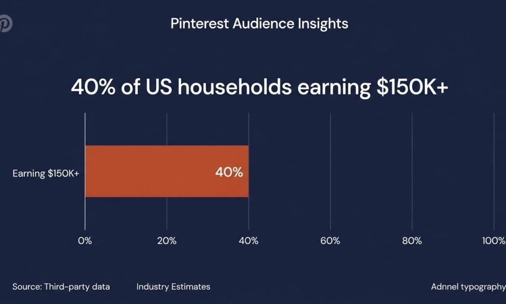 Demographic comparison chart showing Pinterest reaches 40% of US households earning over $150K annually