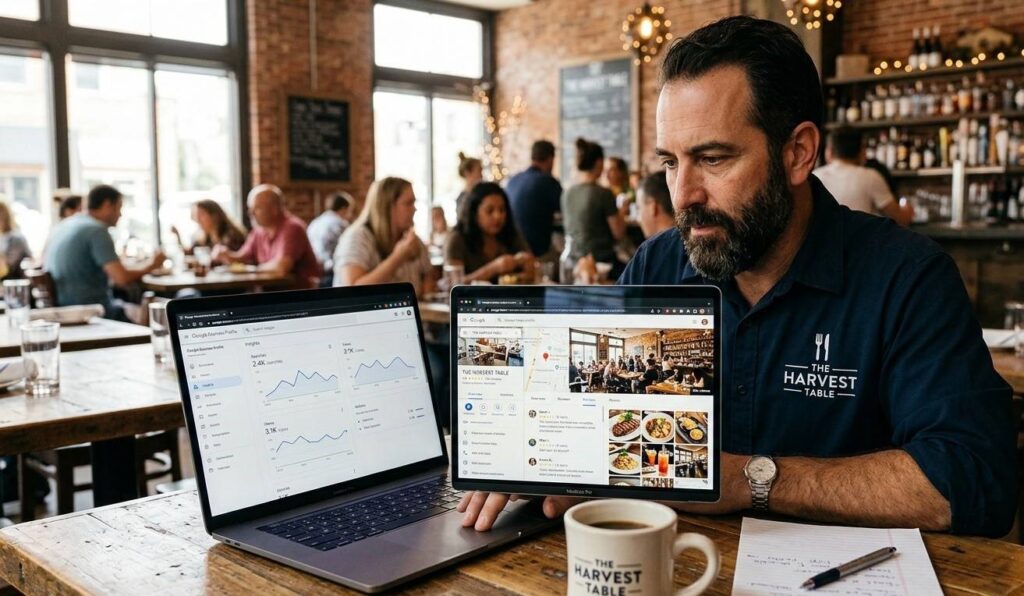 A restaurant owner reviewing Google Business Profile analytics on a laptop, with a Google Maps listing visible on screen showing reviews and photos.  