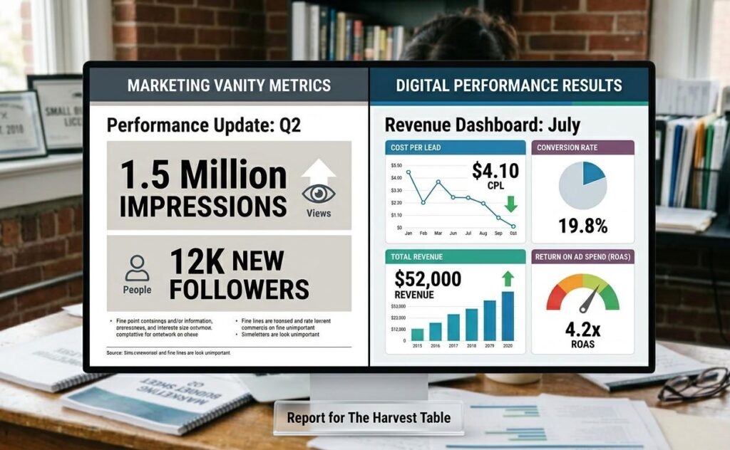 A split-screen showing a vanity metric report with only impressions and followers on one side and a results-focused dashboard showing cost per lead and revenue on the other.  