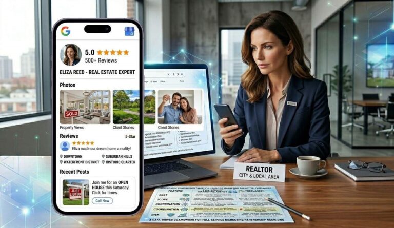 A fully completed Google Business Profile for a real estate agent displayed on a smartphone, showing photos, reviews, service areas and recent posts.