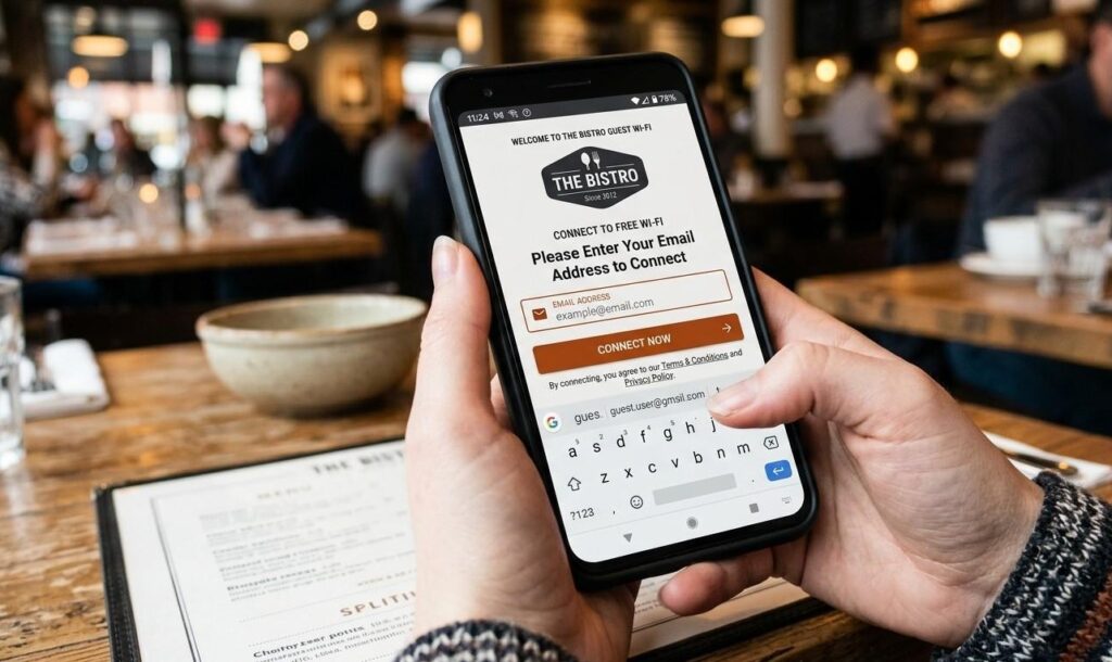 A close-up of a restaurant Wi-Fi login page on a smartphone screen asking a guest to enter their email address to connect to the internet.  