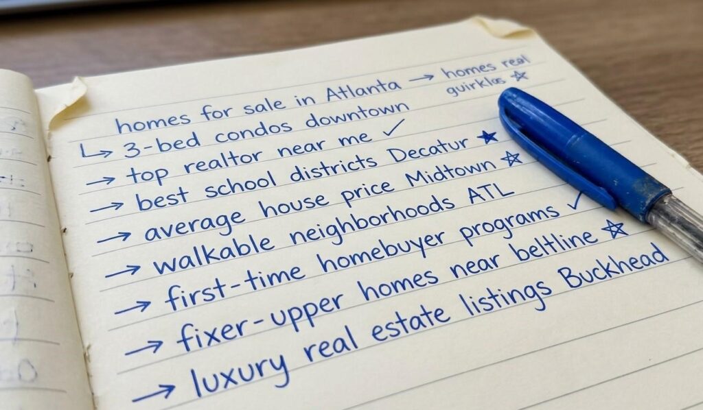 A close-up of a notebook page filled with handwritten keyword research notes: phrases like 'homes for sale in [city]', '3-bed condos downtown', 'top realtor near me'. A pen rests on the page.