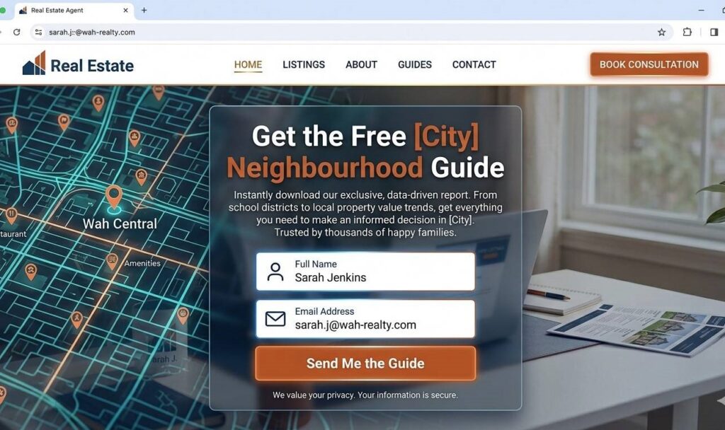 Lead magnet landing page mockup for a real estate agent offering a free neighbourhood guide in exchange for an email address