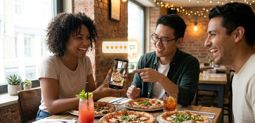 A candid, joyful photograph capturing three diverse friends laughing around a rustic wooden restaurant table filled with artisanal pizzas and colorful cocktails. It's a continuation of the relaxed, well-lit atmosphere of image_0.png. One friend, smiling broadly, holds up a sleek smartphone—of a style consistent with image_0.png and image_1.png—displaying a photo they just took of the meal. Another friend points at the screen, smiling. A subtle, floating graphic overlay, glowing softly with warm light, shows a '5-star' rating and a small message icon, symbolizing social proof and user-generated content validation. The restaurant interior is warm and inviting, with exposed brick and soft string lights in the background. Natural light from a window illuminates the group.