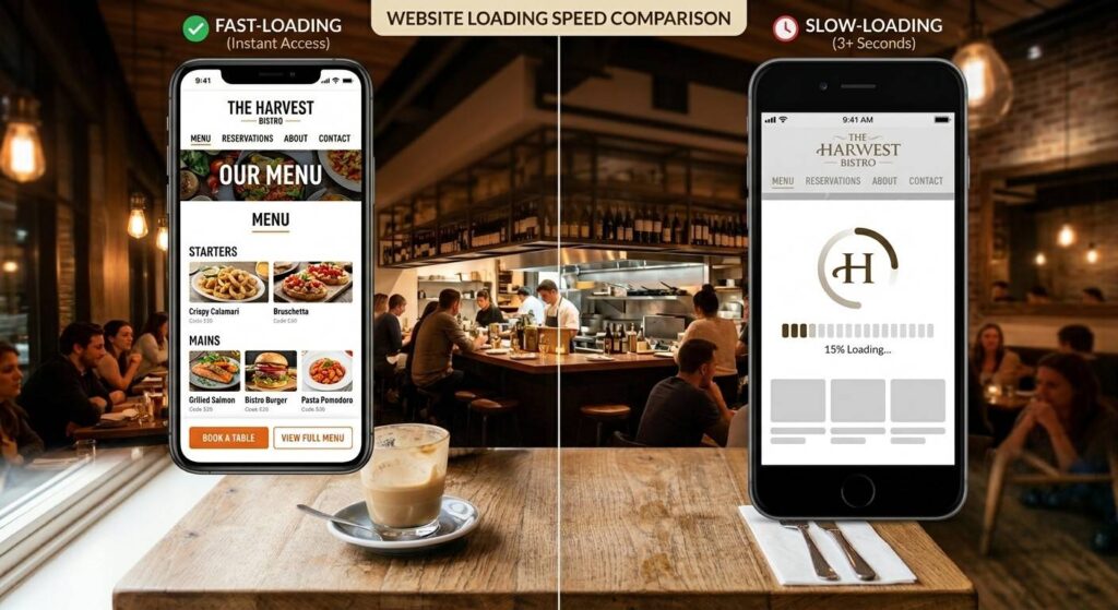 Side-by-side comparison of a fast-loading and slow-loading restaurant website on a mobile screen
