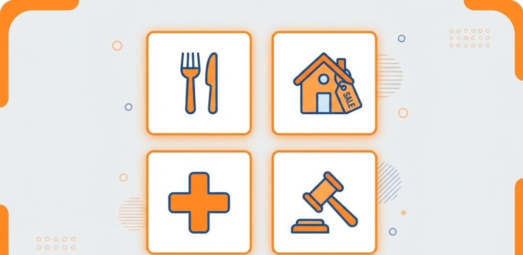 Icon grid showing a restaurant, real estate, healthcare and legal symbol, representing the industries that depend most on local SEO to attract nearby customers.