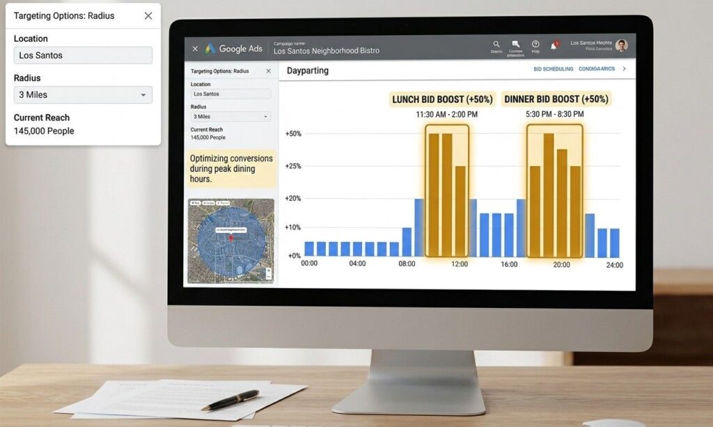 Google Ads dayparting schedule showing higher bids during lunch and dinner windows for a restaurant campaign