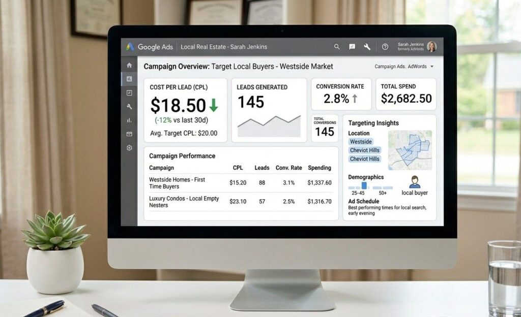 Google Ads campaign dashboard showing cost per lead and conversion data for a real estate agent targeting local buyers