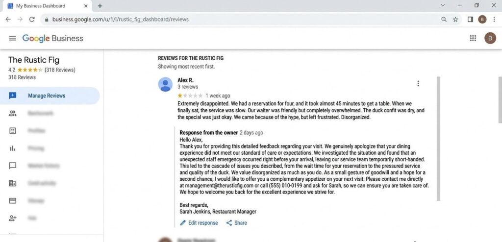 Screenshot of a calm, specific public response to a negative restaurant review on Google