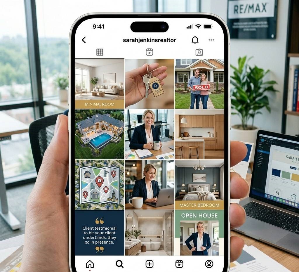 Instagram grid showing a real estate agent's consistent visual style across listing and lifestyle posts