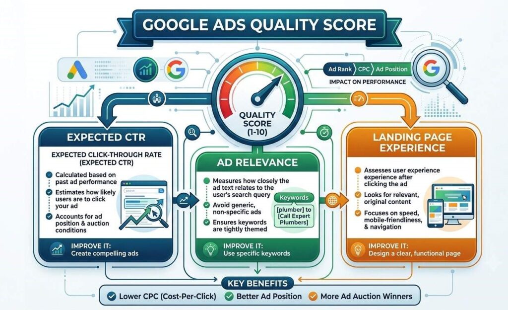 Diagram showing the three components of Google Ads Quality Score: expected CTR, ad relevance and landing page experience