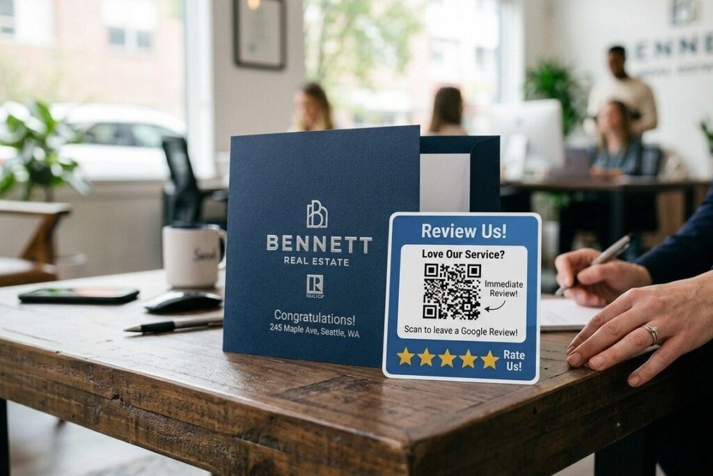 Closing day folder with a QR code card prompting a client to leave a Google review immediately