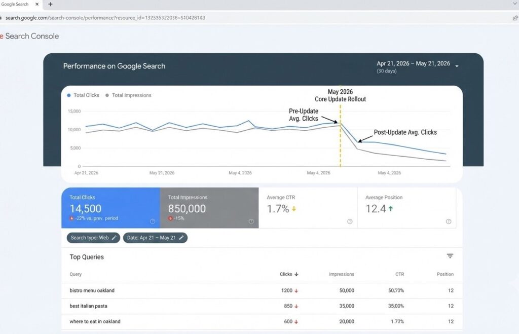 Google Search Console performance dashboard used to check if a website was affected by the Google May 2026 update.