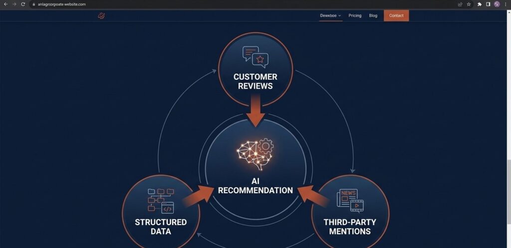 Clean infographic-style diagram on a dark navy background. Three connected circles labelled 'Customer Reviews', 'Structured Data' and 'Third-Party Mentions'. Arrows point toward a central circle labelled 'AI Recommendation'. Burnt-orange accent colour for the arrows. Minimal, professional style.