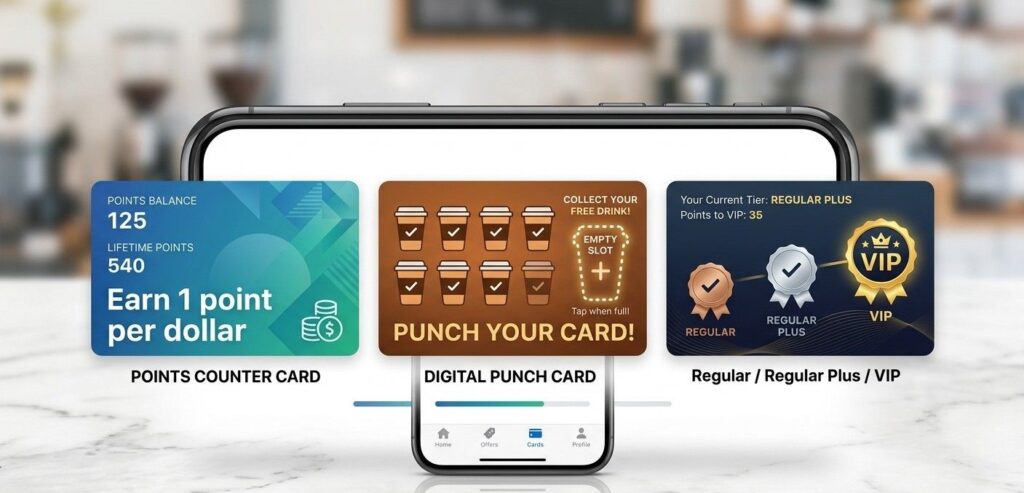 Three loyalty programme options displayed on a phone screen: points-based, punch card and visit-based tiers