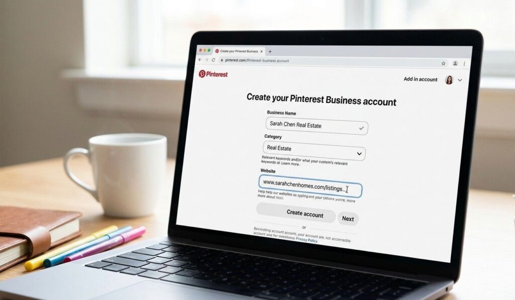 Pinterest business account settings page on a laptop screen showing profile setup fields for a real estate agent