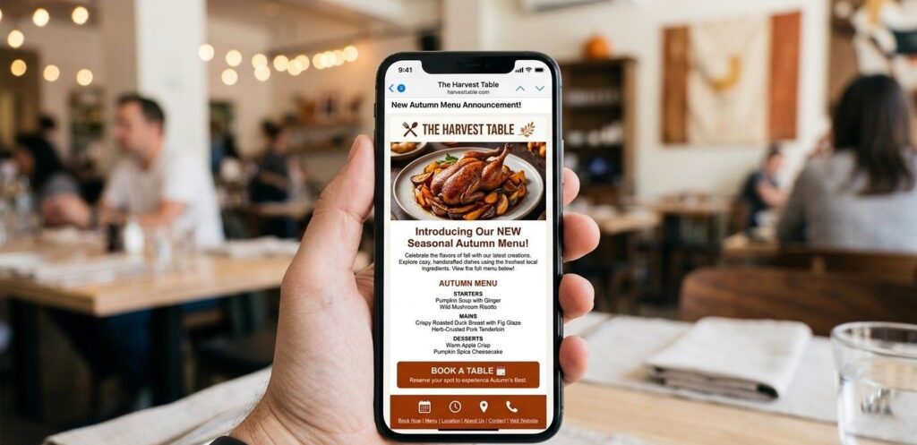 Close-up of a smartphone showing an email newsletter from a restaurant with a new seasonal menu announcement and a call-to-action booking button.  