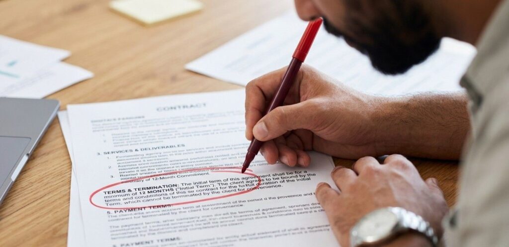 A close-up of a digital marketing agency contract being reviewed with a red pen circling a 12-month lock-in clause, illustrating a common agency red flag.  