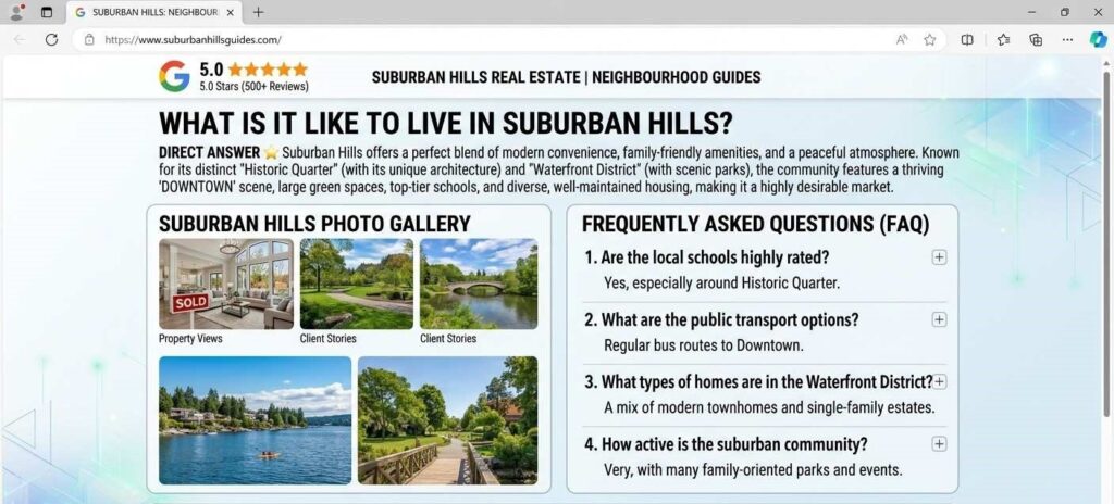 A well-structured neighbourhood guide webpage for a suburban housing market, showing a header question, direct answer paragraph, FAQ section and a named author bio at the bottom.