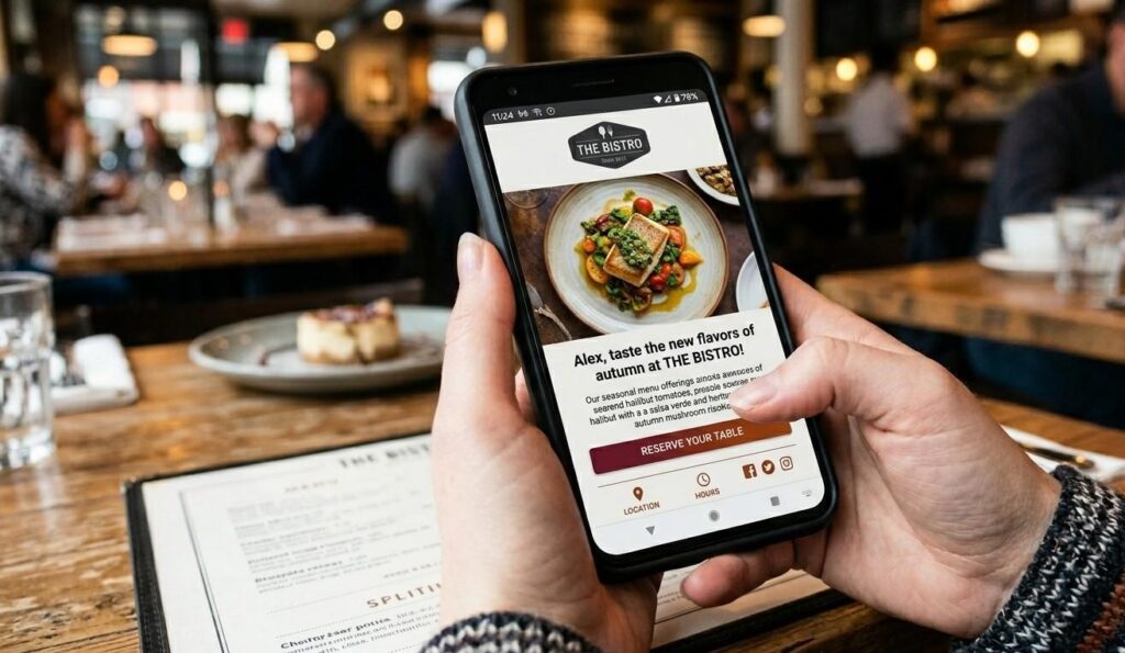 A beautifully designed restaurant email newsletter on a smartphone showing a new seasonal menu photo, a personalised subject line and a reserve your table button.  