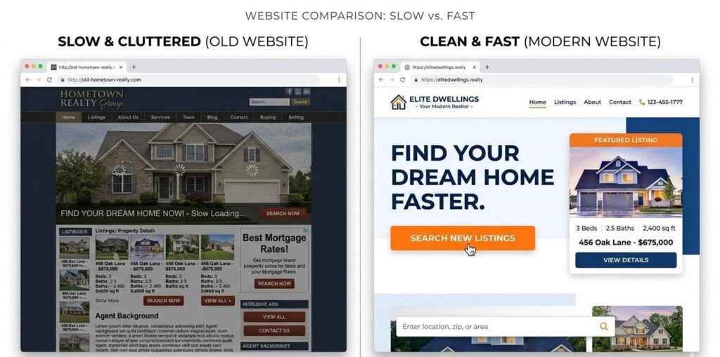A split-screen mockup: left side shows a slow, cluttered realtor website; right side shows a clean, fast-loading realtor website with clear headline, strong CTA button and a featured listing card.