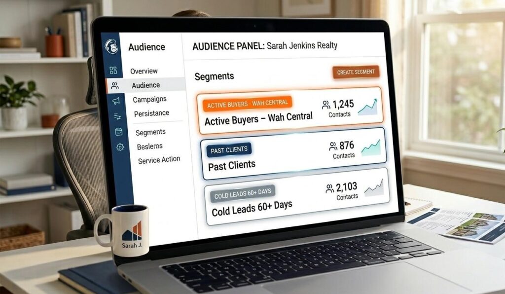 Email platform audience segmentation view showing three segments: active buyers, past clients and cold leads with different tag colours
