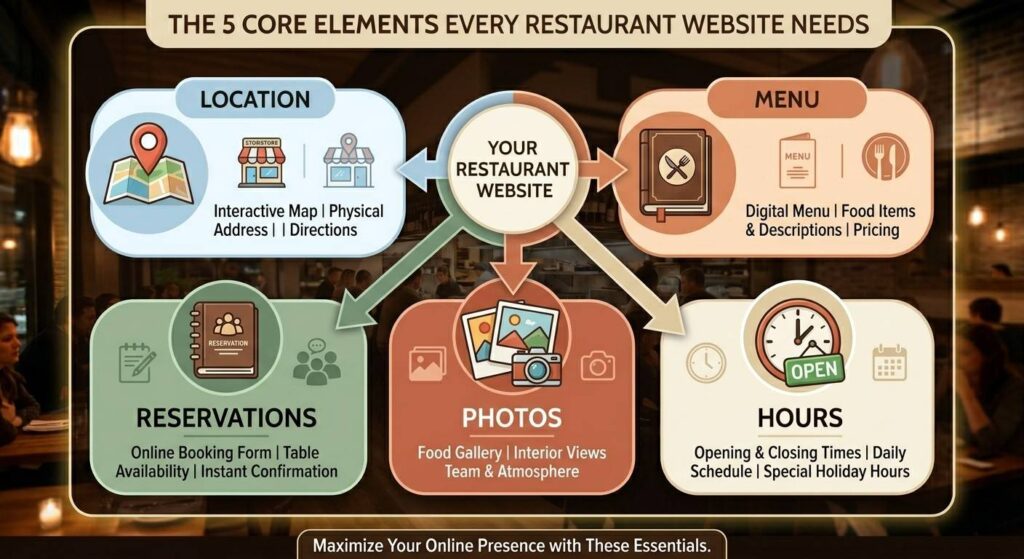 Diagram showing the five core elements every restaurant website needs: hours, menu, location, reservations and photos