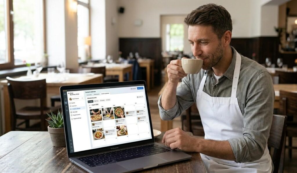 A medium shot captures a casual, relaxed restaurant owner sitting at a side table during a quiet morning off-peak hour, lit by soft, natural light coming through a large window, similar to the lighting in image_0.png. The owner, wearing a casual shirt and perhaps a clean apron like in image_1.png, looks content, sipping from a coffee cup. A laptop is open on the table, its screen clearly displaying a structured content calendar dashboard—a view similar to the scheduler seen in image_0.png, but populated with multiple post previews and image thumbnails that match the visual style seen in image_1.png and image_2.png. The 'Meta Business Suite' interface is visible, showing posts ready for the upcoming week. The background is a gently blurred view of the empty, clean dining room, creating a calm atmosphere that emphasizes efficient planning.