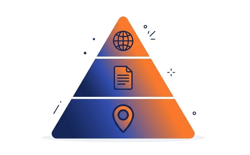 Pyramid diagram illustrating the SEO growth strategy of building local SEO first, then adding content authority and scaling to national SEO over time.