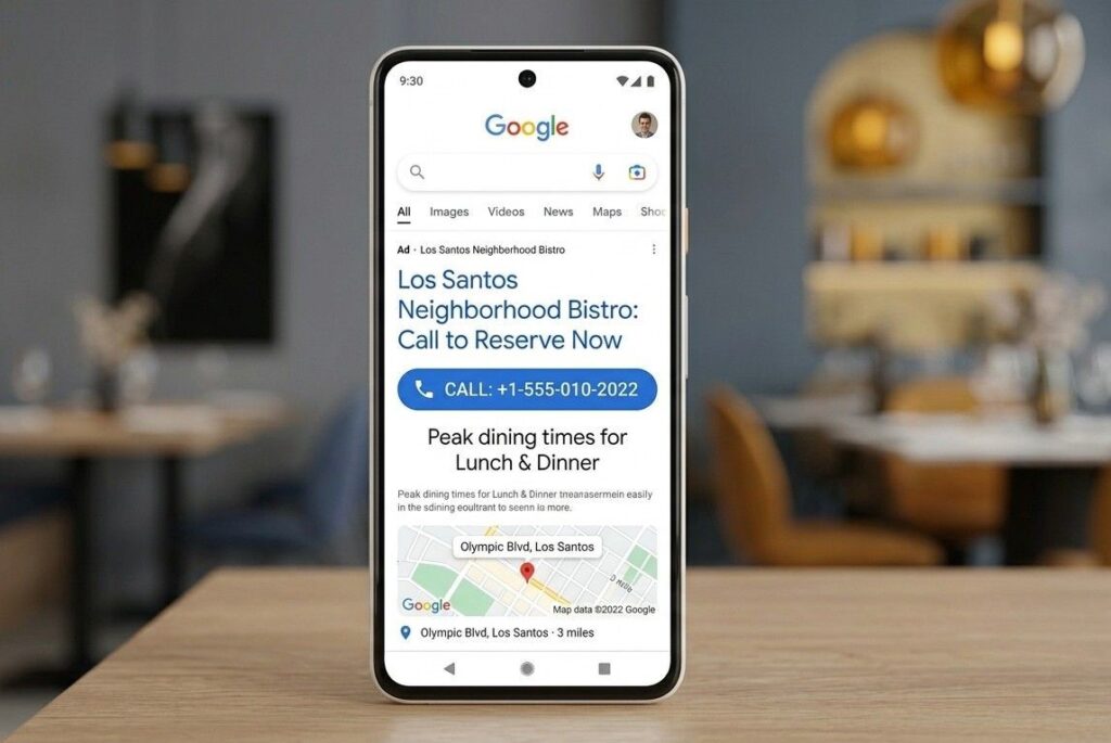Mobile phone screen displaying a Google call-only ad for a restaurant with a tappable phone number and headline