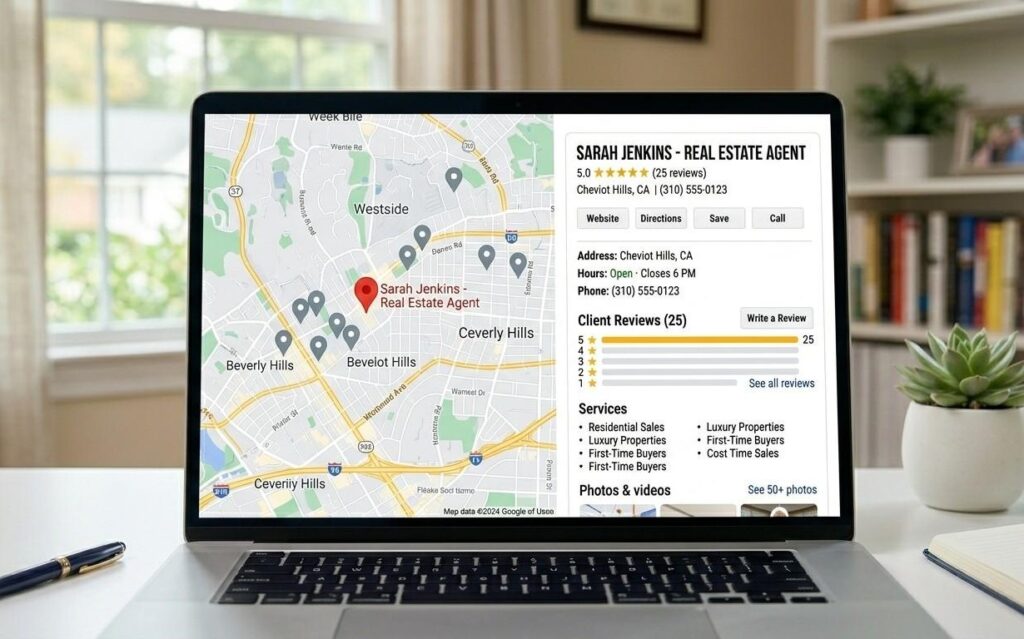 Google Business Profile for a real estate agent showing a complete profile with 25 reviews and a local map listing
