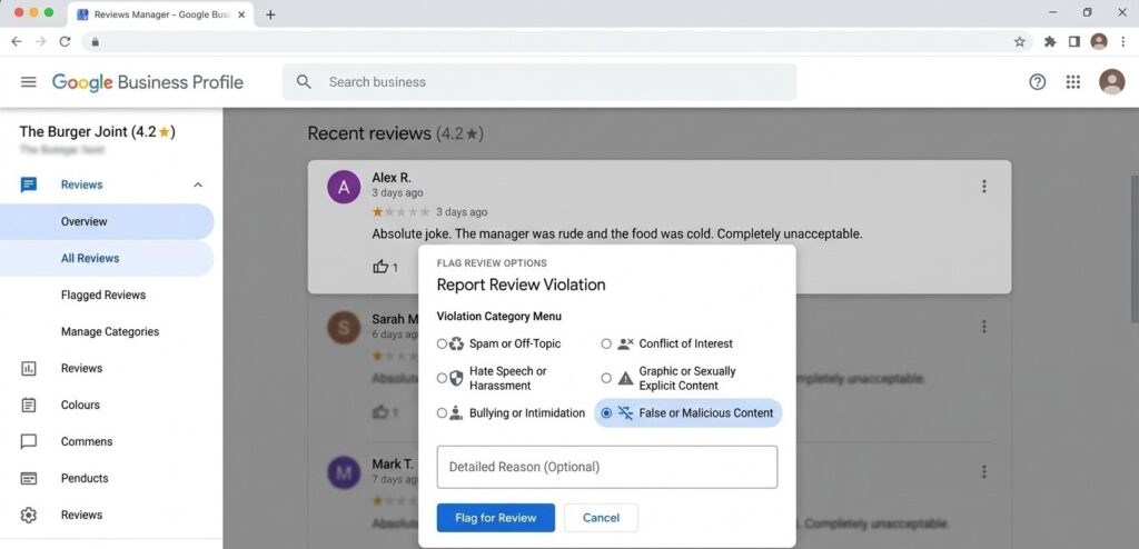Google Business Profile dashboard showing the flag review option and violation category menu