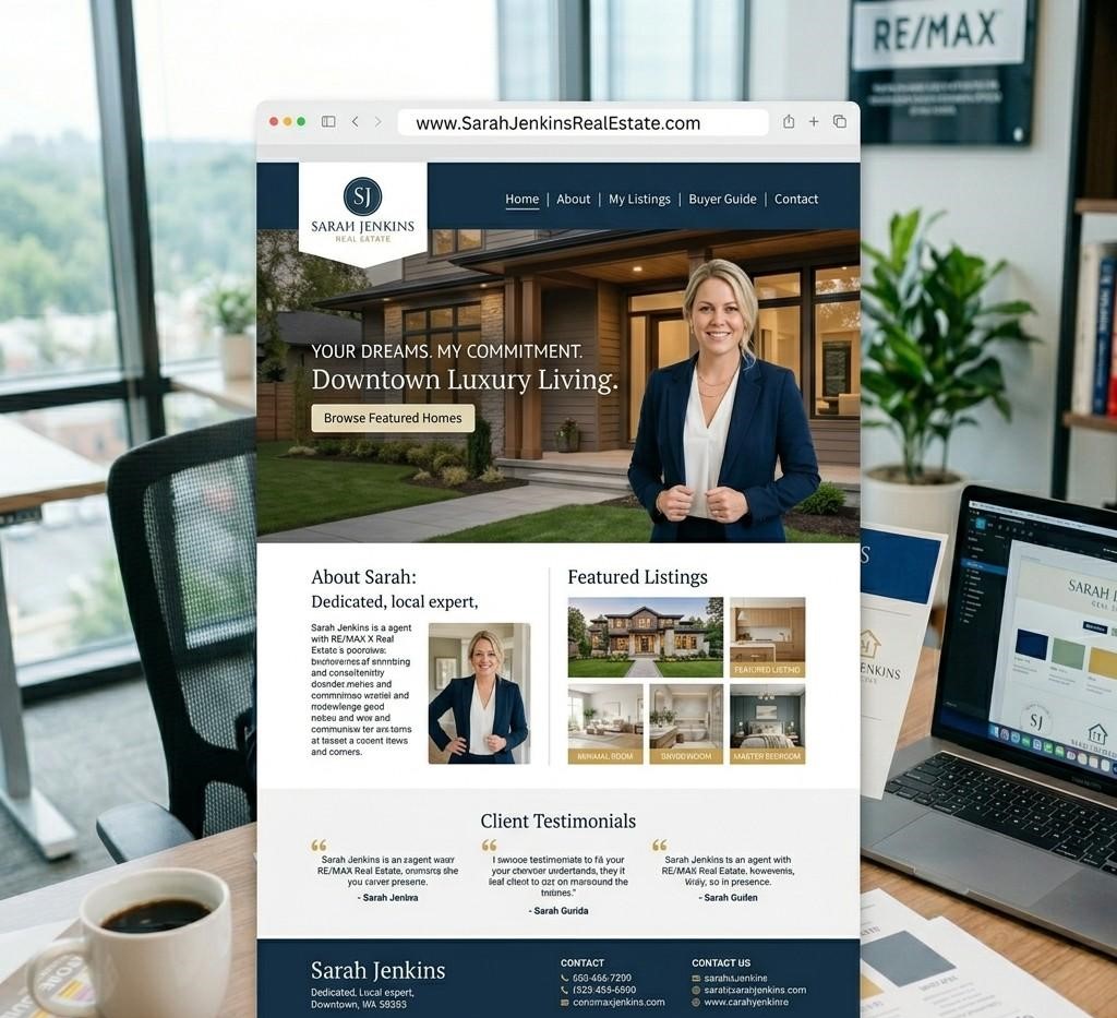 Realtor personal website homepage showing a custom domain separate from brokerage branding