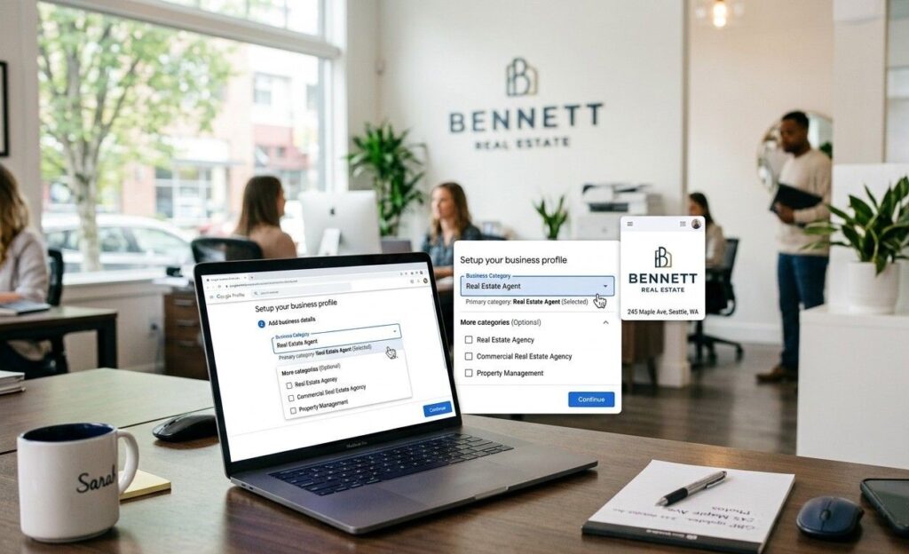 Google Business Profile category selection screen showing Real Estate Agent chosen as the primary category