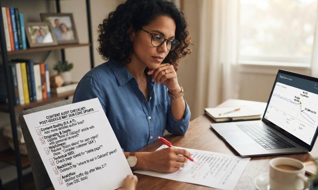 Small business owner reviewing a content audit checklist after the Google May 2026 core update.