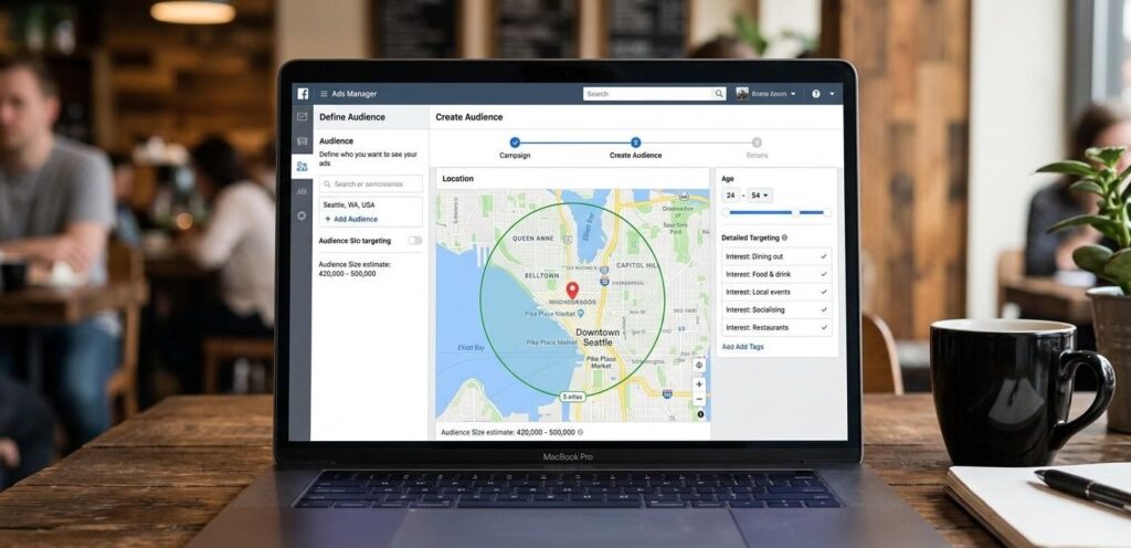 Facebook Ads Manager audience panel on a laptop screen, showing a 5-mile radius map pin drop over a city neighbourhood, age range 24–54 selected, and interest tags including 'dining out', 'food', 'local events'. Real UI mockup style.