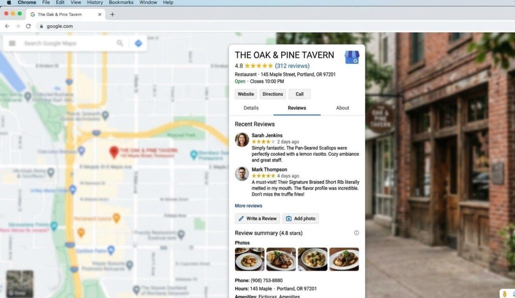 Close-up of a Google Business Profile card for a fictional restaurant: 4.8 stars, 312 reviews, with two recent review excerpts visible describing specific dishes. Blurred map and street view in the background. Realistic UI screenshot style.