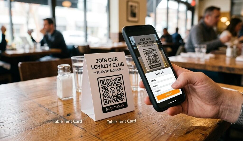 QR code on a restaurant table tent card linking to a loyalty sign-up form, with a smartphone scanning it