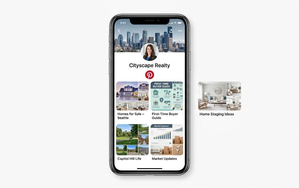 Pinterest profile overview showing six organized boards for a real estate agent including neighborhood guides, staging tips and market updates